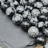Perles d'Obsidienne Neige facettées 6, 8 et 10 mm — Fil de 36 cm