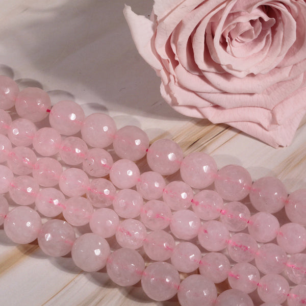 Fil de perles de quartz rose facettées — La Pierre FR
