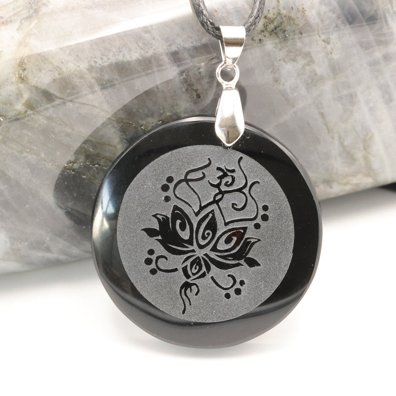 Pendentif Fleur de Lotus en Obsidienne Noire — Pierre naturelle du Mexique