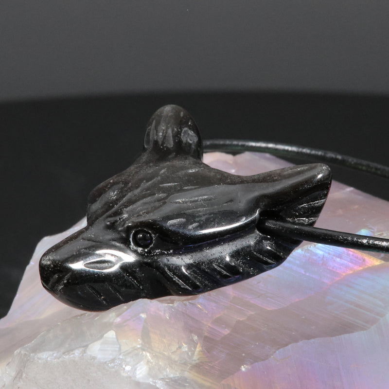 Pendentif Tête de Loup en Obsidienne Argentée — Pierre naturelle du Mexique