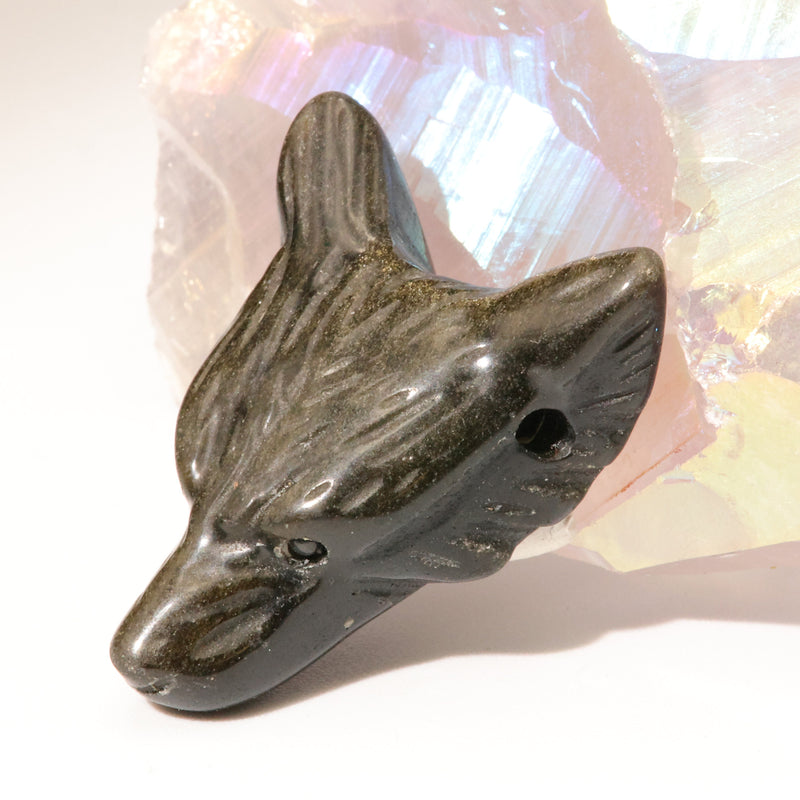 Pendentif Tête de Loup en Obsidienne Dorée — Pierre naturelle du Mexique