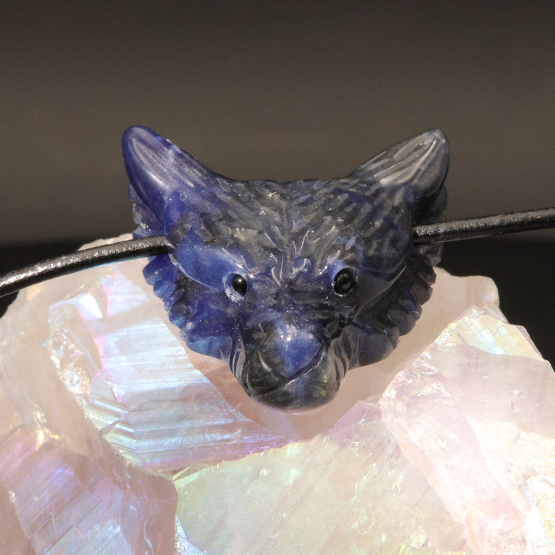 Tête de loup sculptée dans un bloc de sodalite naturelle