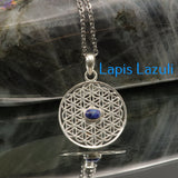 Pendentif Fleur de Vie en Argent et Pierre Naturelle — Émeraude, Améthyste ou Lapis-Lazuli