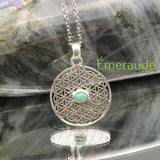 Pendentif Fleur de Vie en Argent et Pierre Naturelle — Émeraude, Améthyste ou Lapis-Lazuli