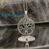 Pendentif Arbre de Vie en Argent et Pierre Naturelle — Émeraude, Améthyste ou Lapis-Lazuli