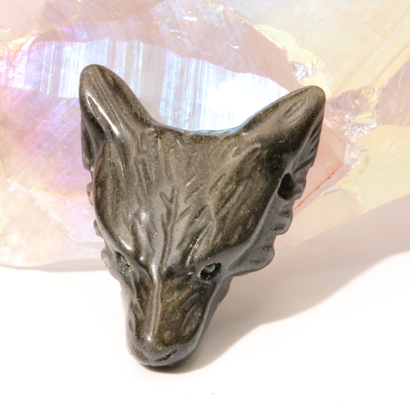 Tête de loup sculptée dans un bloc d'obsidienne dorée du Mexique