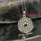 Pendentif Fleur de Vie en Argent et Pierre Naturelle — Émeraude, Améthyste ou Lapis-Lazuli