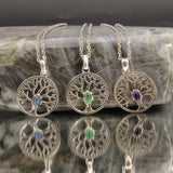 Pendentif Arbre de Vie en Argent et Pierre Naturelle — Émeraude, Améthyste ou Lapis-Lazuli