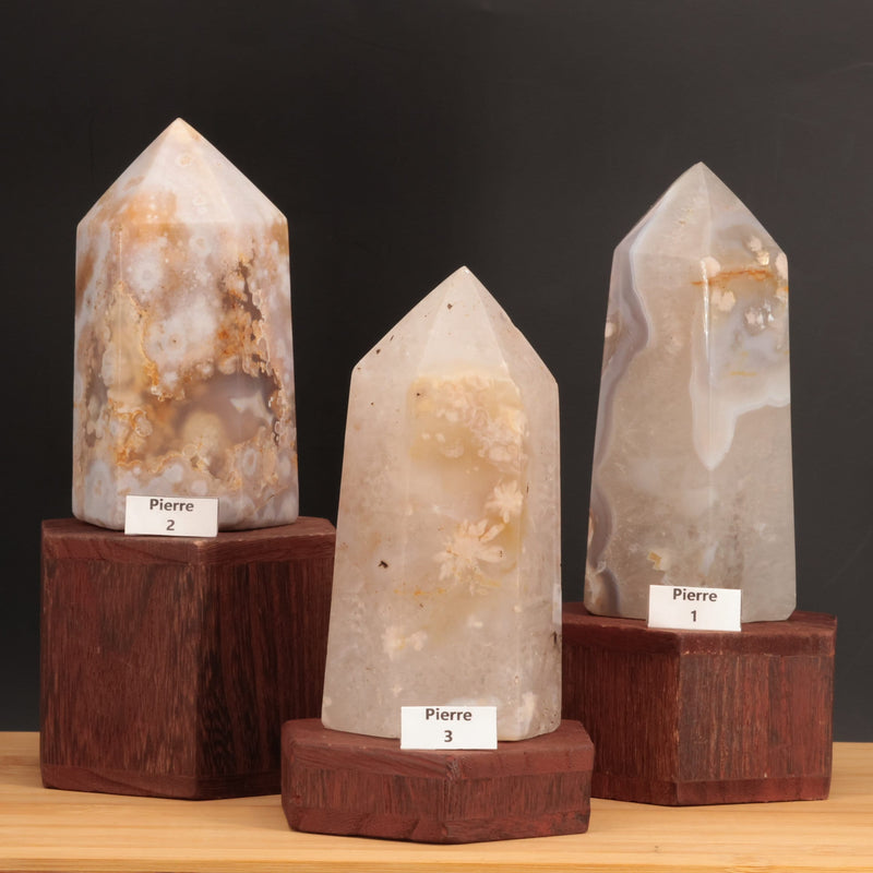 Pointe en agate fleur de Madagascar avec échelle de taille
