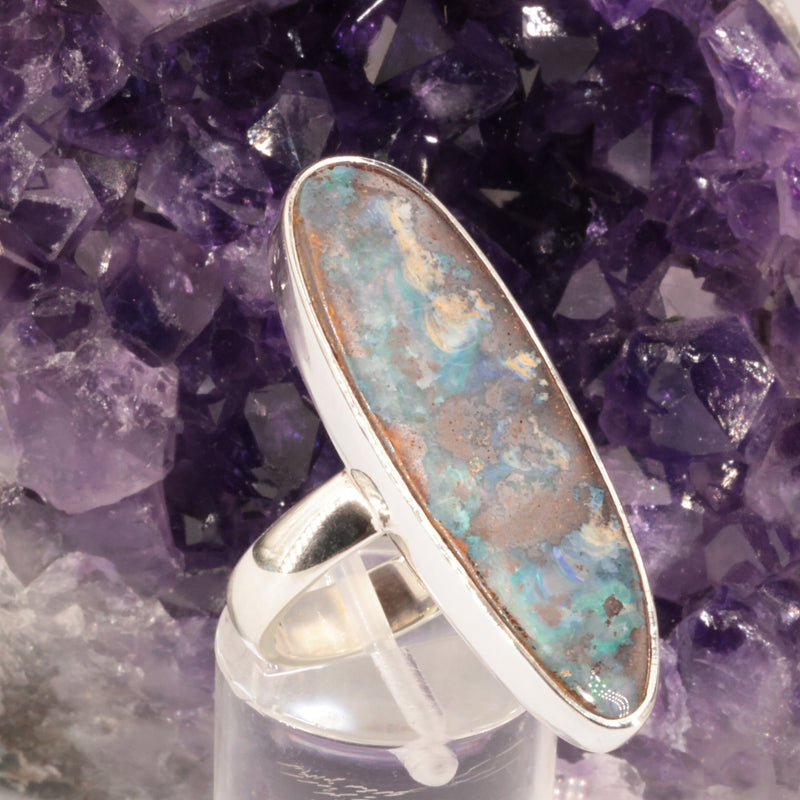 Bague opale boulder du Queensland, cabochon fin 12x37 mm