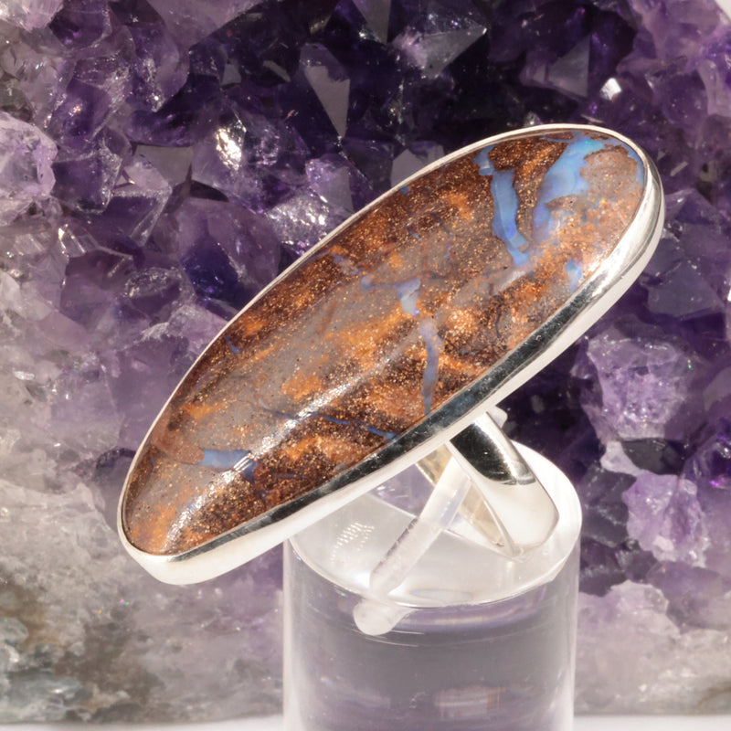 Bague opale boulder du Queensland, cabochon allongé 18x42 mm