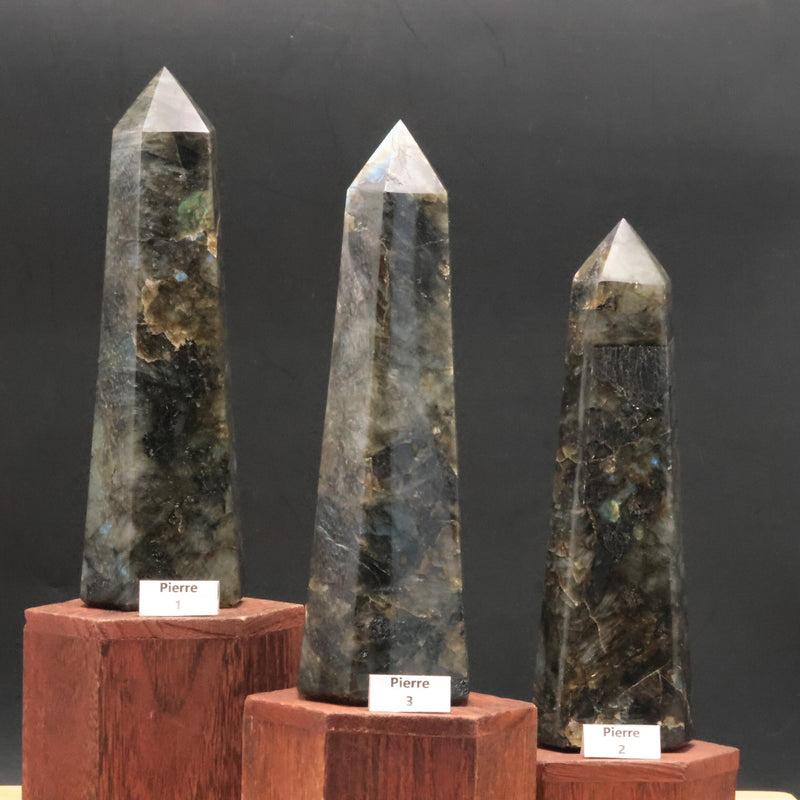 Pointe en labradorite de Madagascar avec échelle de taille