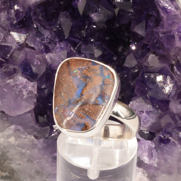 Bague opale boulder du Queensland, cabochon 20x16 mm sur argent