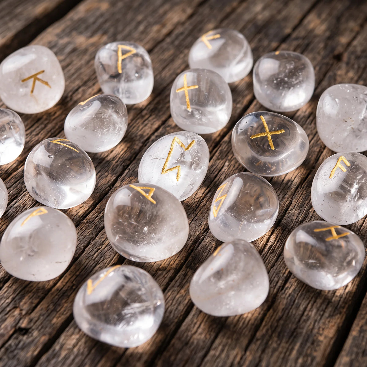 Jeu de runes en cristal de roche, pierre naturelle aux symboles gravés à l'or