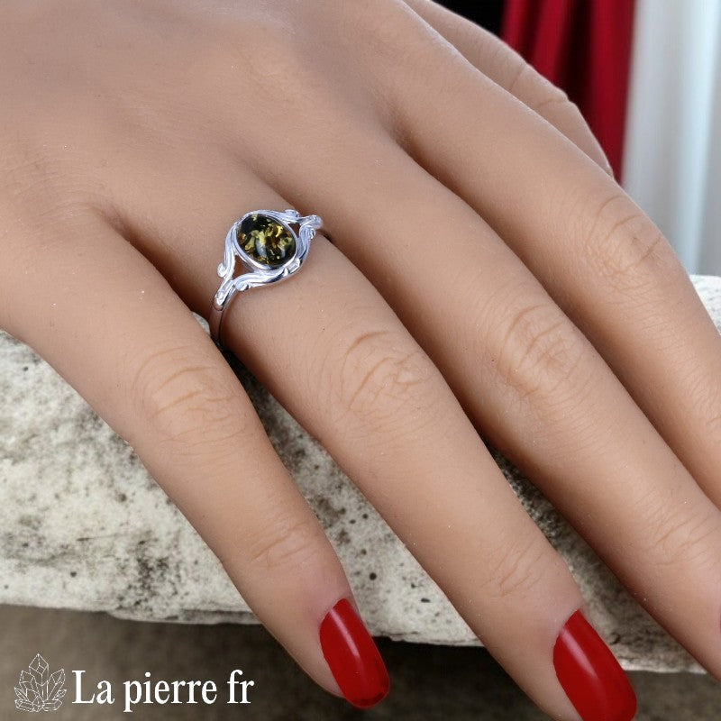 Élégante Bague Ambre Verte Argent Rhodié (Feuillage Délicat) pour femme