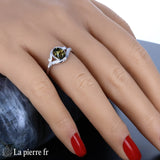 Élégante Bague Ambre Verte Argent Rhodié (Feuillage Délicat) pour femme