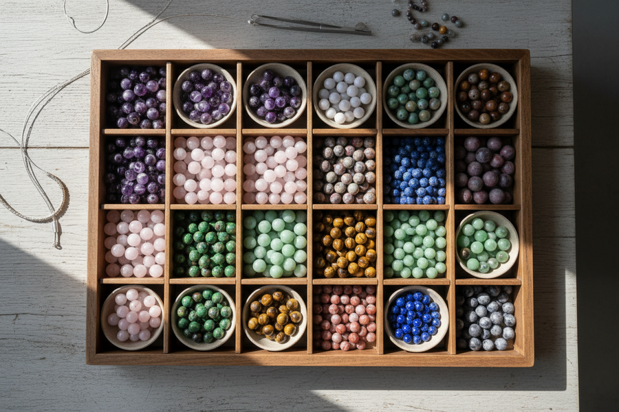 Perles en pierre naturelle triées dans un atelier de création – La Pierre FR