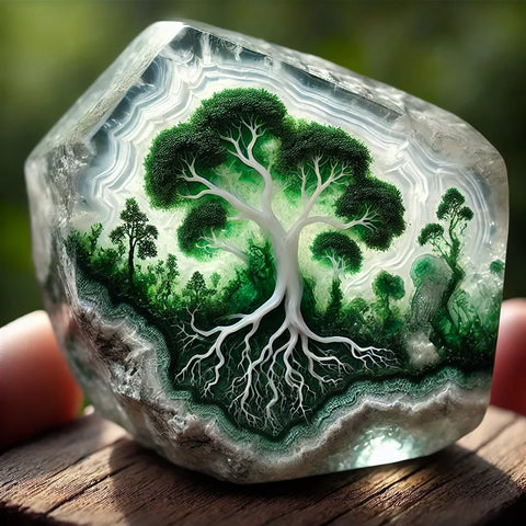Pierre d'Agate Arbre polie montrant ses inclusions vertes dendritiques uniques