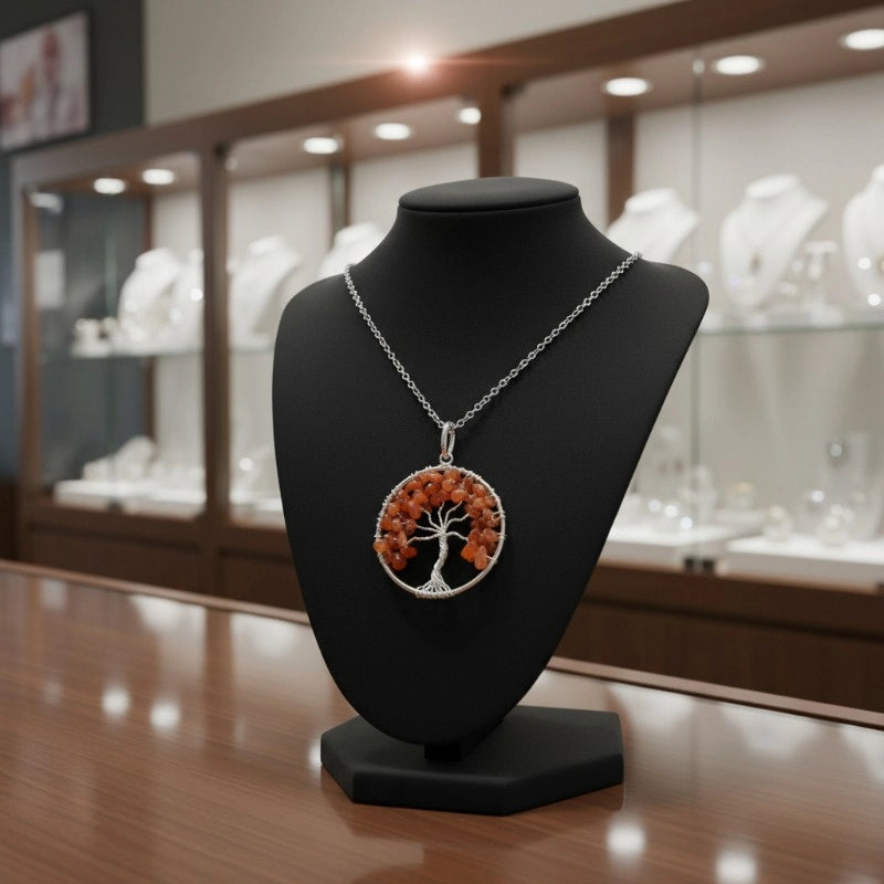 bijou arbre de vie en cornaline orange, pendentif pierre naturelle