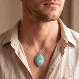 Collier Amazonite Femme, Pendentif Pierre Plate Forme Libre, Chaîne ou Cordon