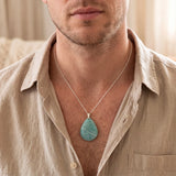 Pendentif Goutte en Amazonite, Collier Pierre Plate Bleu-Vert de 3,5 à 4,5 cm