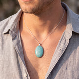 Pendentif Ovale en Amazonite, Pierre Plate pour Homme ou Femme, Chaîne ou Cordon