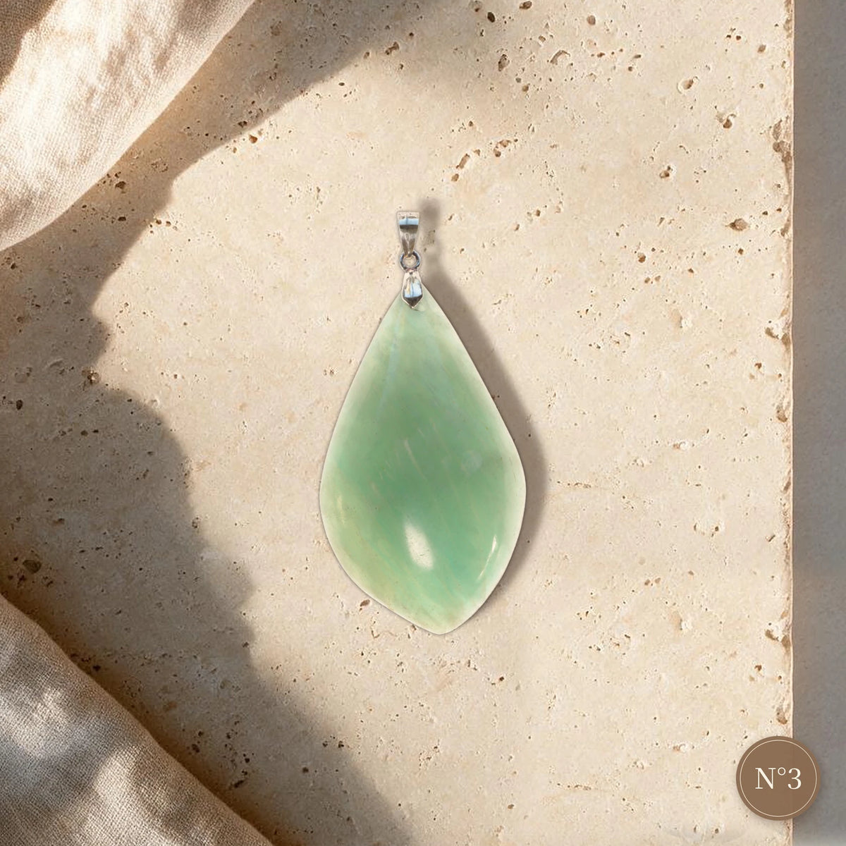 Amazonite pendentif N°3, feuille fine en flamme vert pâle, pièce unique numérotée