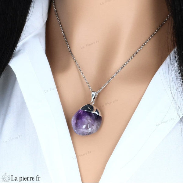 Pendentif en Améthyste véritable avec chaine argentée, Bijou de lithothérapie. La Pierre Fr