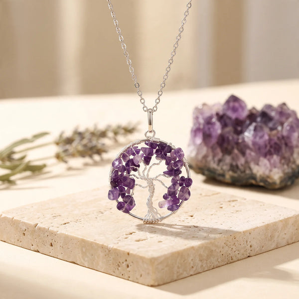 Pendentif arbre de vie en améthyste violette et fil argenté, idée cadeau bijou en pierre naturelle