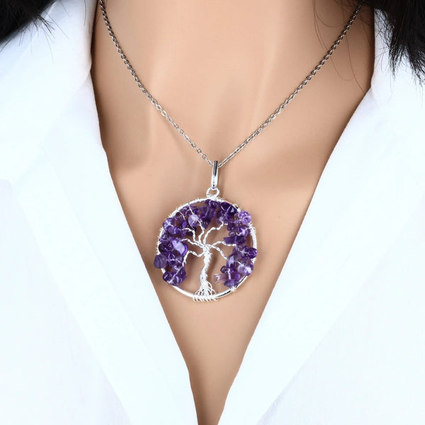 pendentif arbre de vie améthyste en pierre naturelle 40 mm sur fil de cuivre argenté