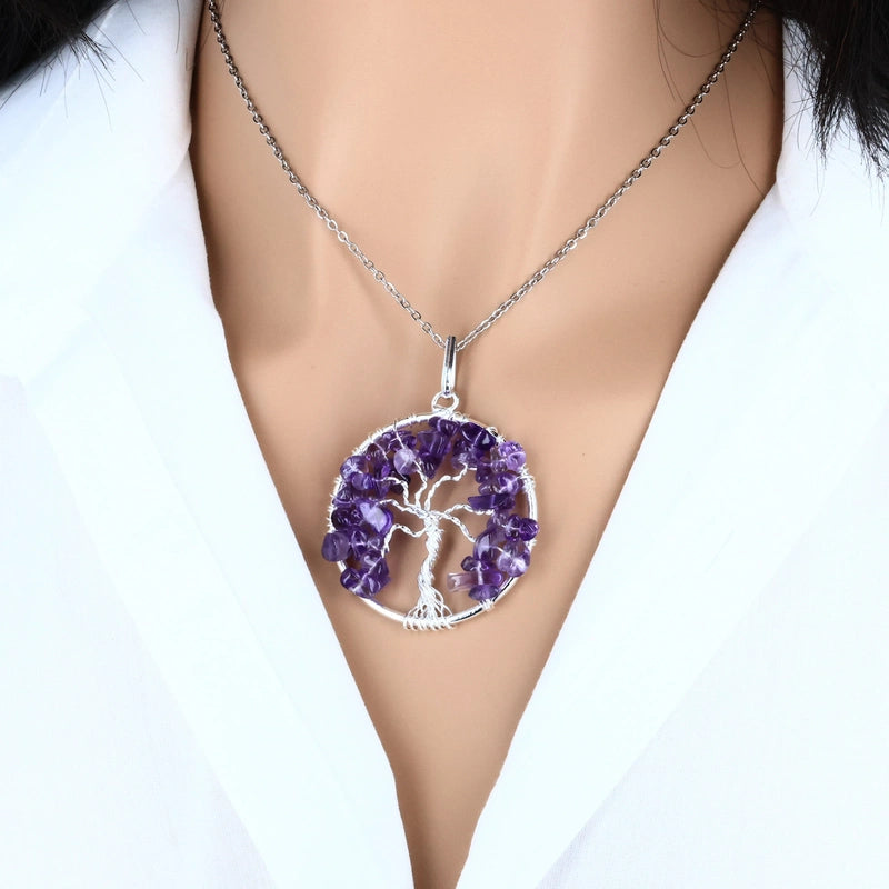 pendentif arbre de vie améthyste en pierre naturelle 40 mm sur fil de cuivre argenté