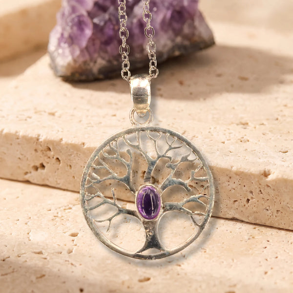 Pendentif arbre de vie en argent serti d'une améthyste, idée cadeau bijou