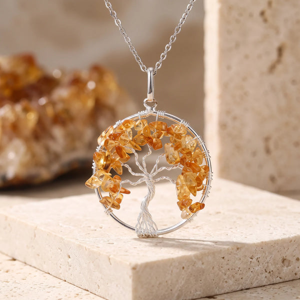 Pendentif arbre de vie en citrine couleur miel et fil argenté, idée cadeau bijou en pierre
