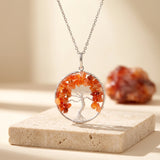 Pendentif Arbre de Vie Cornaline de 40 mm, Fil de Cuivre Argenté, Chaîne ou Cordon