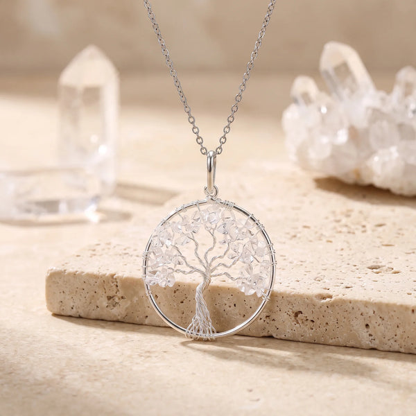 Pendentif arbre de vie en cristal de roche transparent, bijou de lithothérapie en quartz