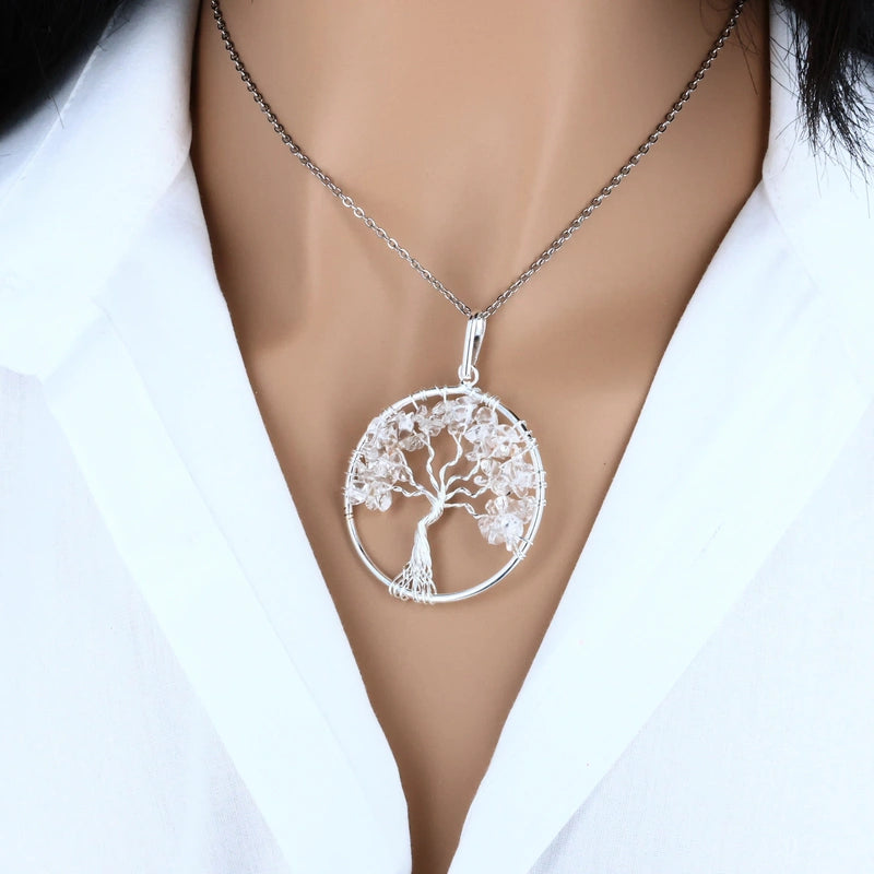 pendentif arbre de vie cristal de roche en pierre naturelle 40 mm fil cuivre argenté