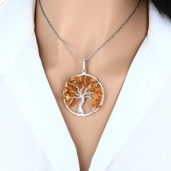 pendentif arbre de vie citrine en pierre naturelle 40 mm, fil de cuivre argenté