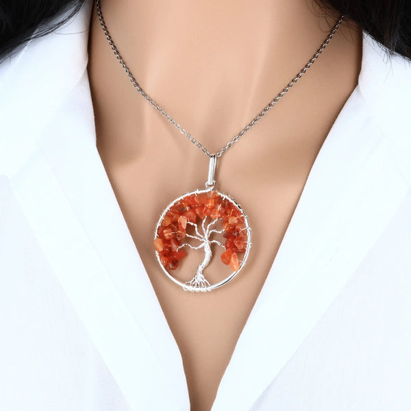 pendentif arbre de vie cornaline en pierre naturelle 40 mm, fil cuivre argenté