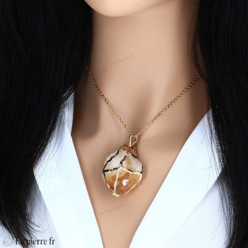 Pendentif Pointe Citrine Naturelle Brute Serti Doré pendentif citrine