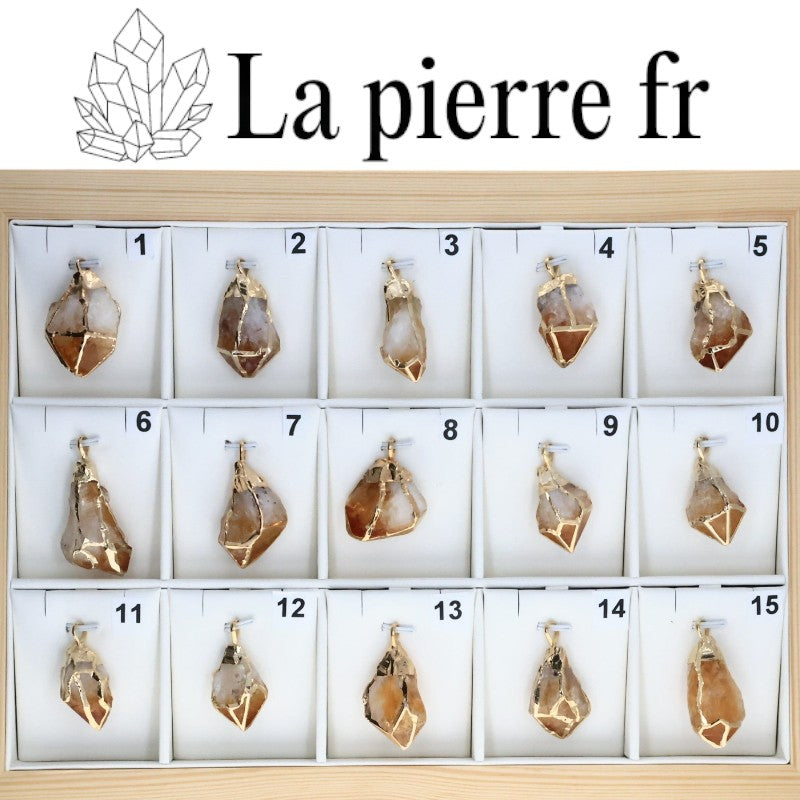 Pendentif Pointe Citrine Naturelle Brute Serti Doré pendentif citrine
