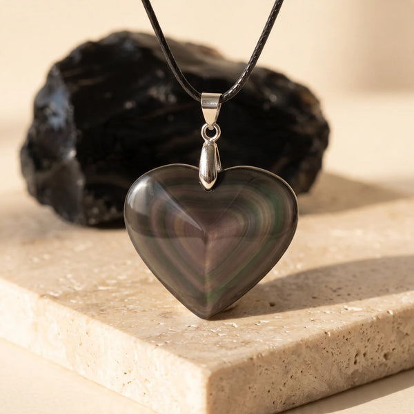Pendentif coeur bombé en obsidienne oeil céleste, bijou lithothérapie sur cordon noir