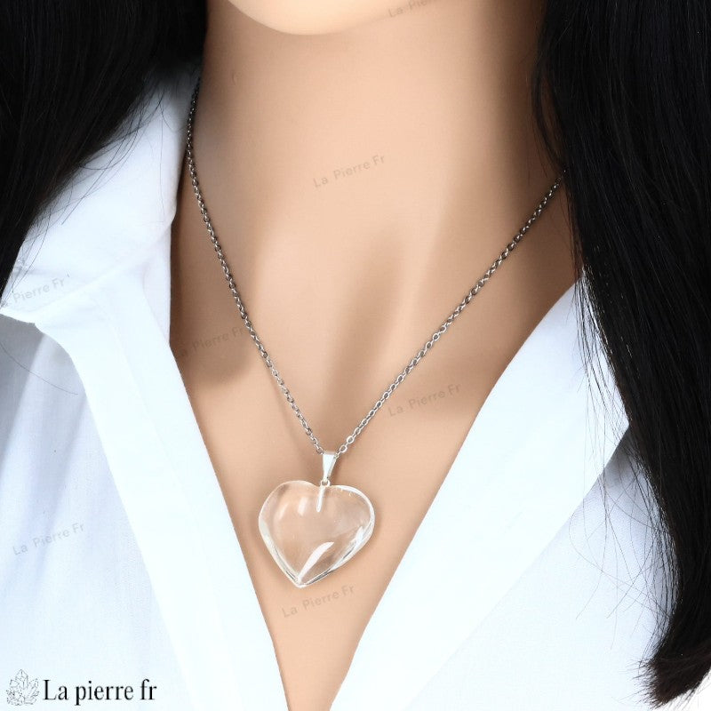 Pendentif cœur en Cristal de Roche naturel du Brésil, bijou de lithothérapie de clarté