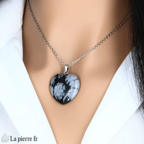 Pendentif Cœur en Pierre Naturelle, Obsidienne Flocon de Neige 25 mm