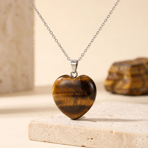 Pendentif cœur en œil de tigre doré et brun, bijou de lithothérapie en pierre naturelle