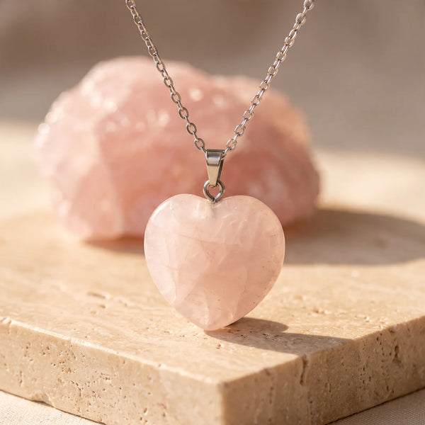 Pendentif cœur quartz rose 25 mm, bijou de lithothérapie sur chaîne argentée