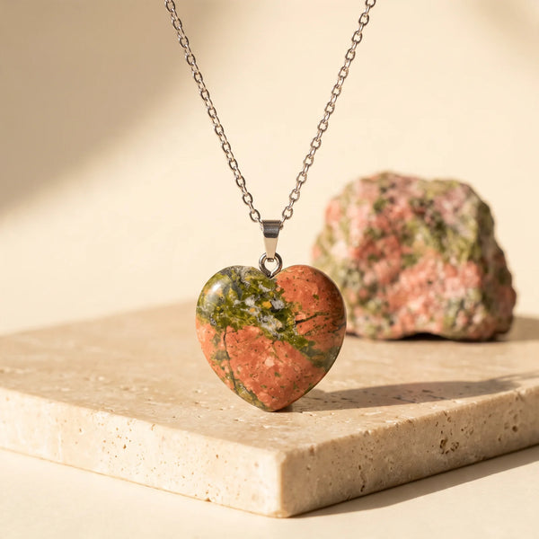 Pendentif cœur unakite 25 mm, idée cadeau bijou en pierre naturelle verte et saumon