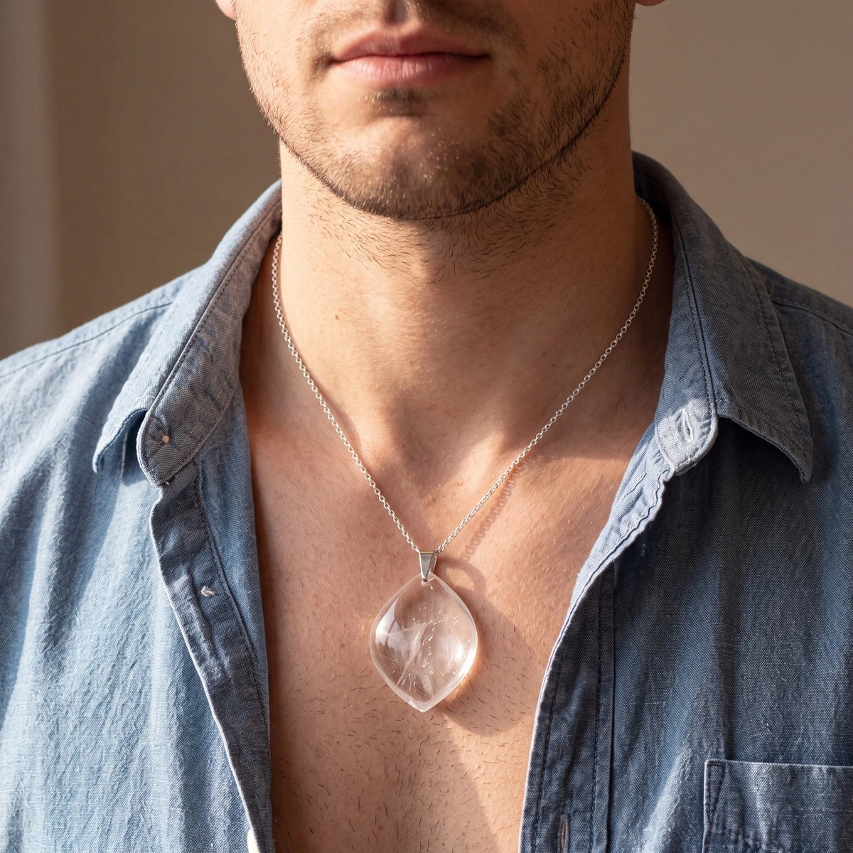 Pendentif cristal de roche forme libre porté par un homme, pierre transparente plate sur chaîne