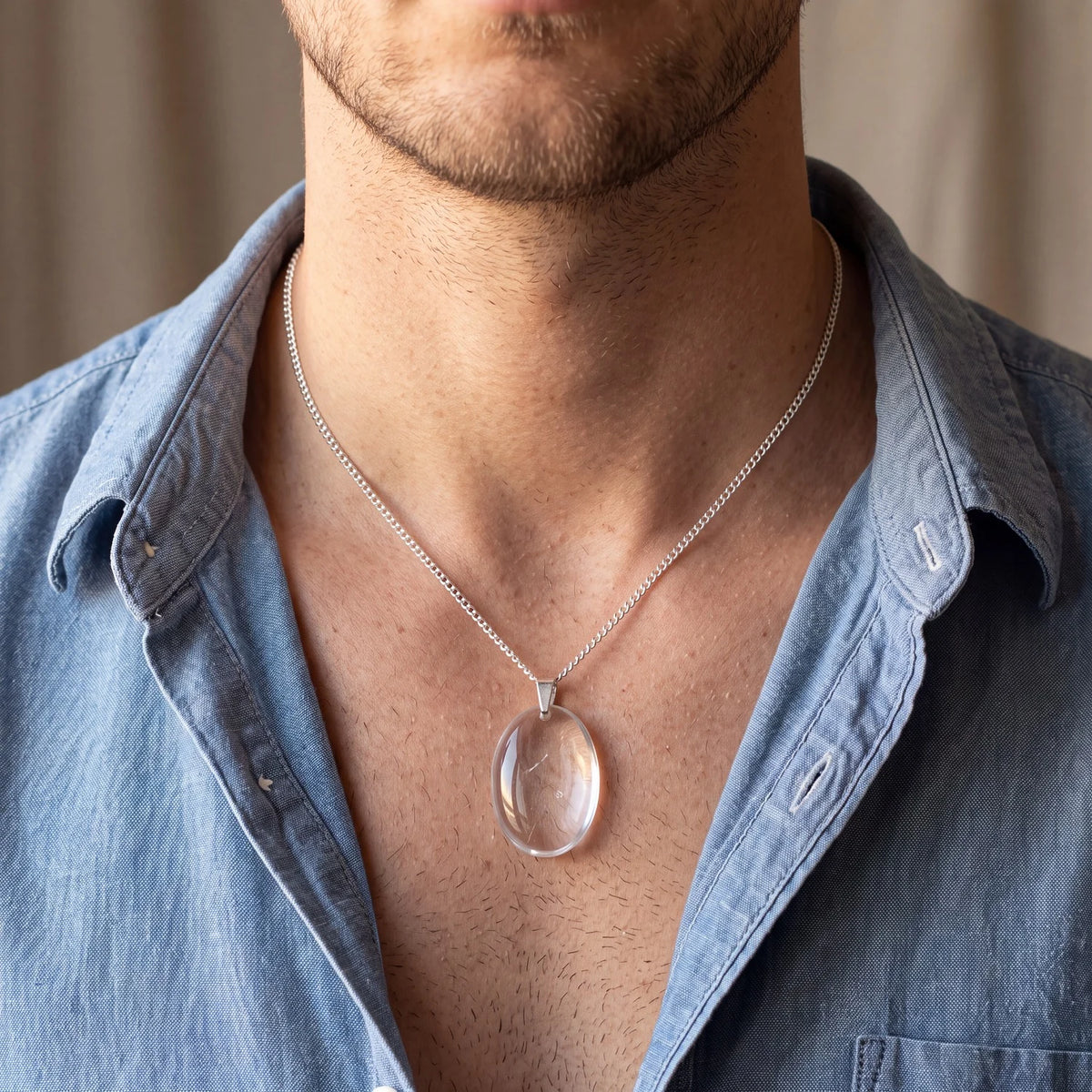 Pendentif cristal de roche homme, ovale plat transparent porté sur une chemise en lin ouverte