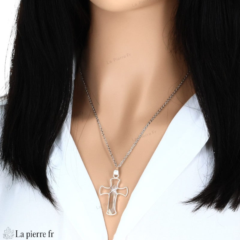 Pendentif Croix et pointe en Cristal de Roche