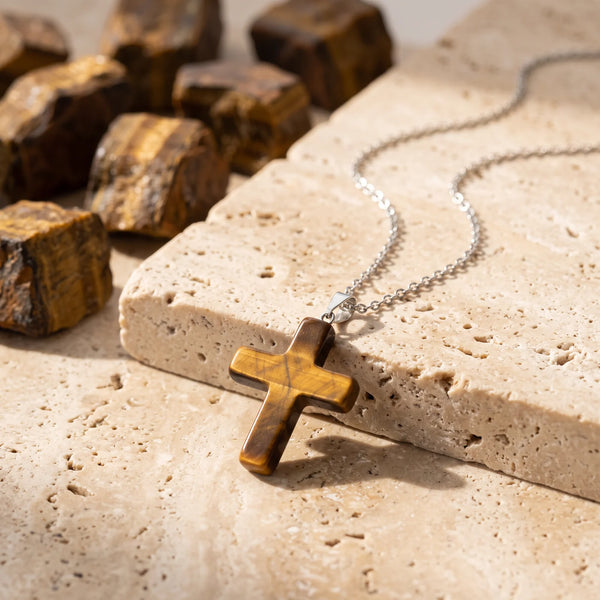 Pendentif croix en œil de tigre doré, bijou de lithothérapie en pierre naturelle